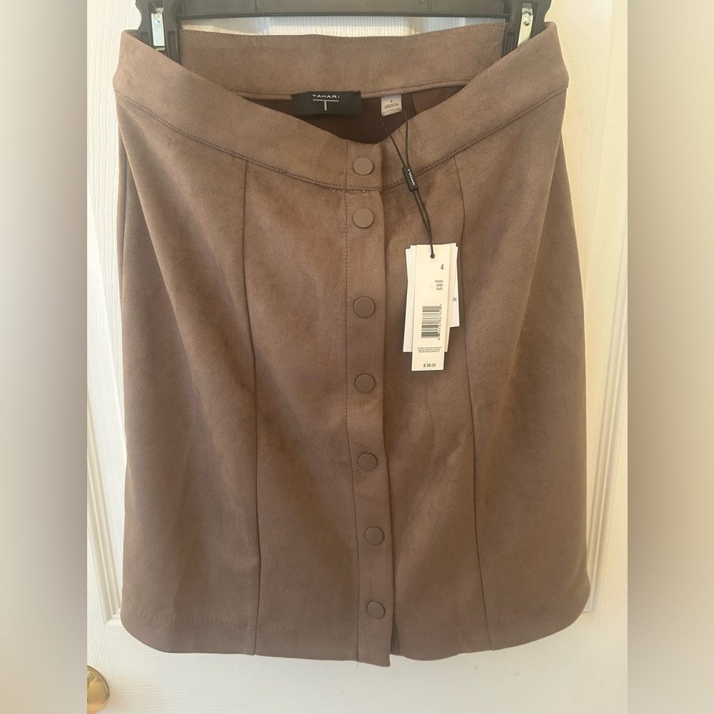 Tahari Brown Suede-Look Button Front A-Line Skirt